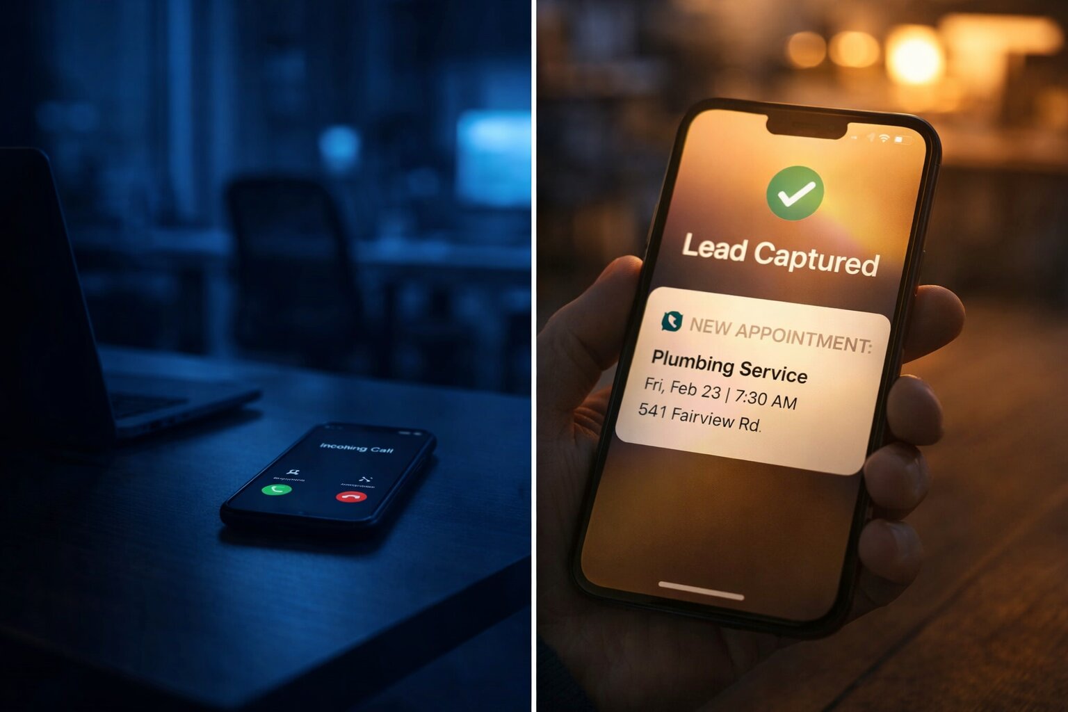Incoming call answered by AI receptionist and lead captured with appointment booked notification