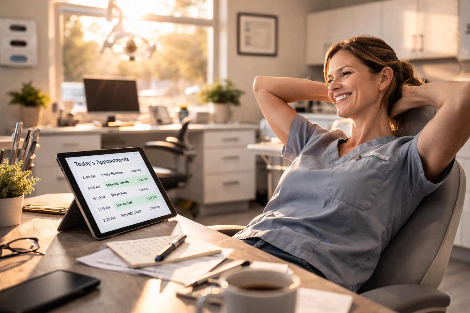 Relaxed business owner leaning back while AI virtual receptionist handles appointments automatically